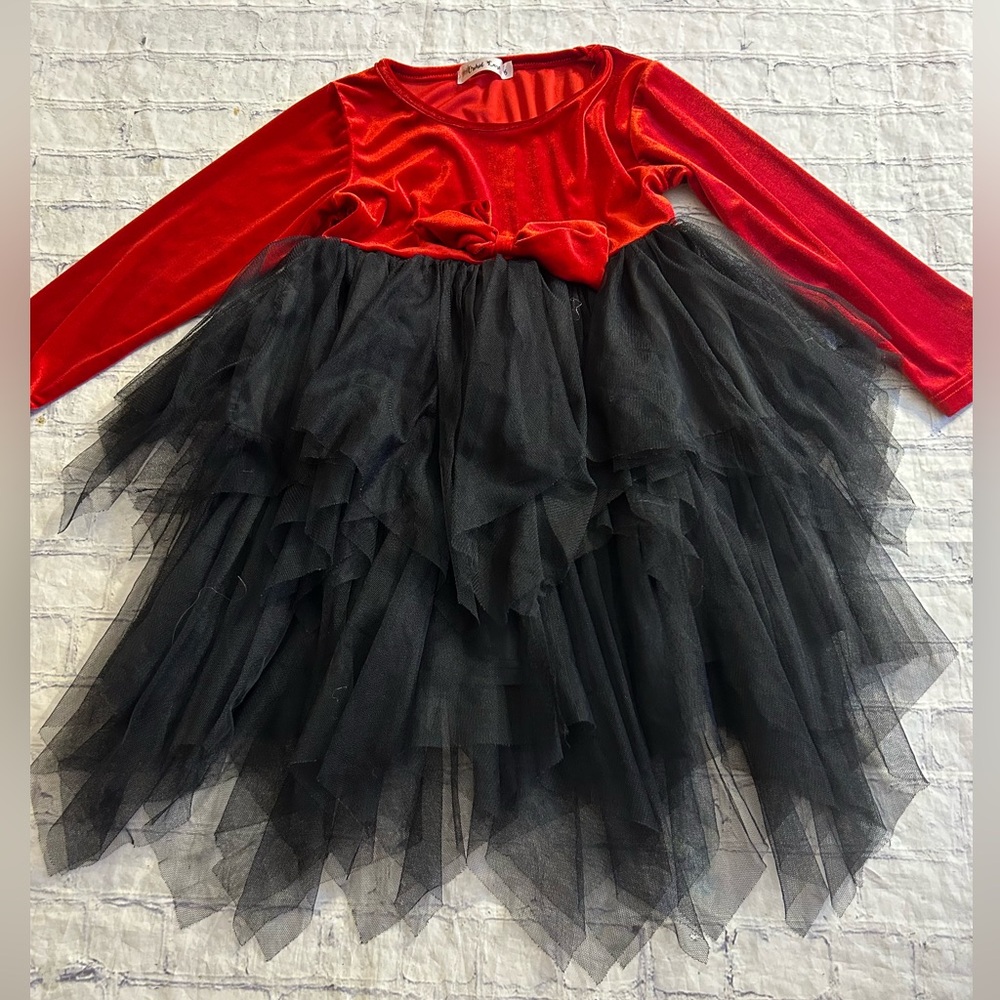 ORCHID LANE GIRLS RED VELOUR WITH BLACK TULLE LONG SLEEVES DRESS SIZE 6 HOLIDAY